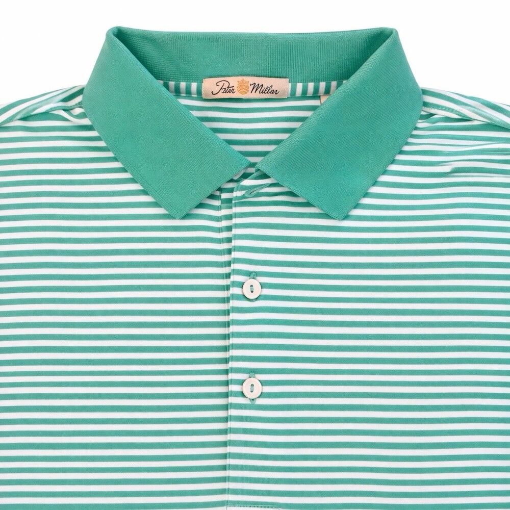 Peter Millar Polo Shirt Men’s Large Green White Stripe Golf Cotton Short Sleeve - Picture 4 of 6